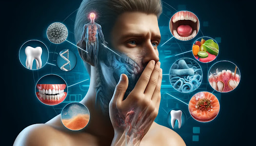 DALL·E 2024 06 02 17.21.52 A realistic and visually appealing image depicting various aspects of oral health issues and their causes involving a human figure. Show a person cov
