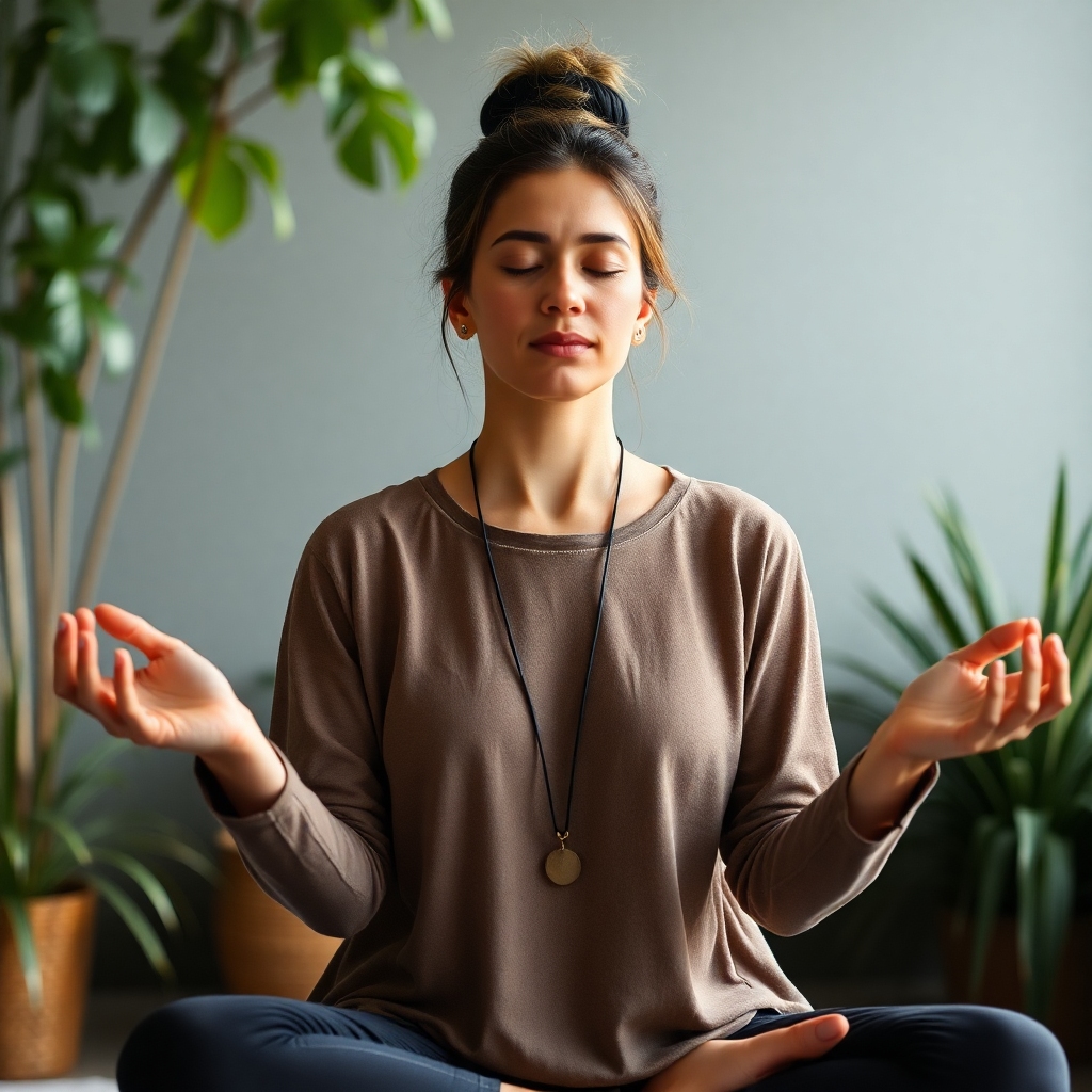 Woman practicing mindful breathing for self-care